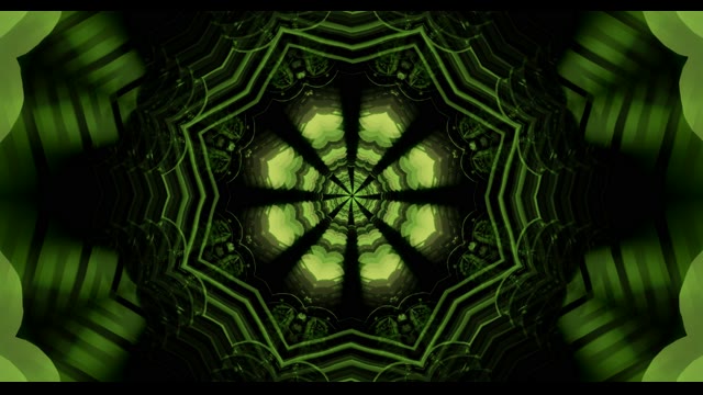 Green neon tunnel 60fps with symmetrical geometric kaleidoscope patterns