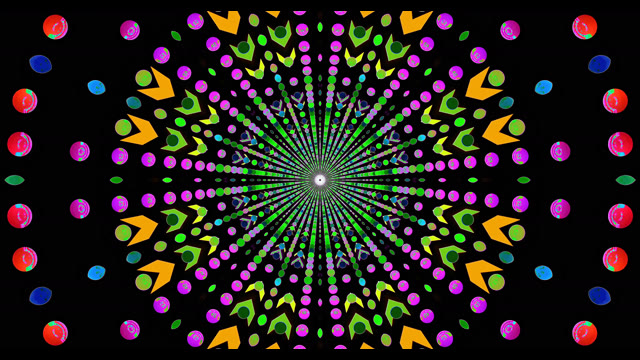 Mandala Calidoscopi Vibrant VJLoops - Patrons Geomètrics Colorits sobre Negre