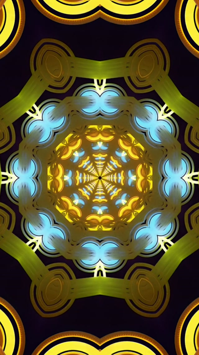 Kaleidoszkóp Neon Tunnel Arany Kék Minták 9:16 Reels 60fps Képernyővédő Windows 11 VJLoops