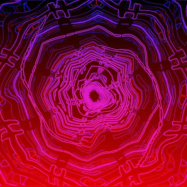 Levende neon tunnel VJ-loop med koncentriske magenta-, cyan- og røde fraktale burst-mønstre spiralisering mod mørk midte