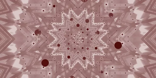 Túnel de neó estrella fractal rotatoria de blush rosa amb patrons geomètrics concèntrics, esferes brillants i efectes de llum de neó en bucle VJ 4K