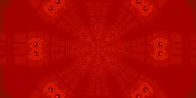 Derin kırmızı neon tünel, hipnotik eşmerkezli geometrik halkaları içeri doğru yayan ve sonsuz derinlik yanılsaması yaratan. Soyut 4K VJ döngüsü.