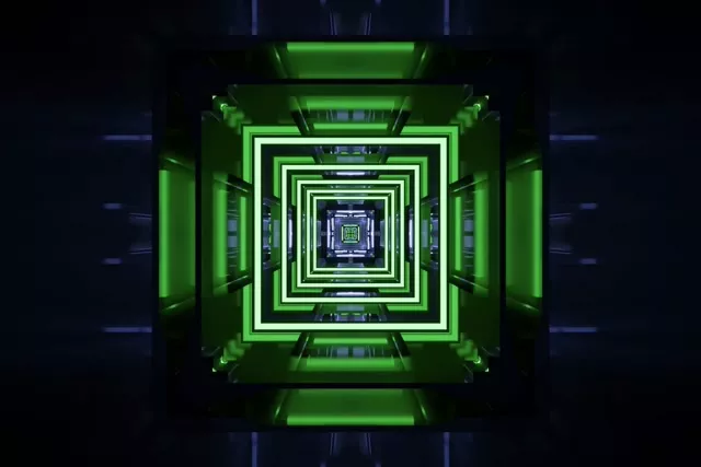 3:2 Neon Tunnel VJ Loop 60fps Screensaver - Green Square Vortex