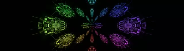 Symmetrische neongloeiiende diamantvormen stralen uit in gloeeiende groen-, blauw-, paars- en rode tinten tegen zwarte achtergrond, waardoor een ultrabreed 32:9 VJ-loop schermbeveiliging met geometrisch burstpatroon ontstaat