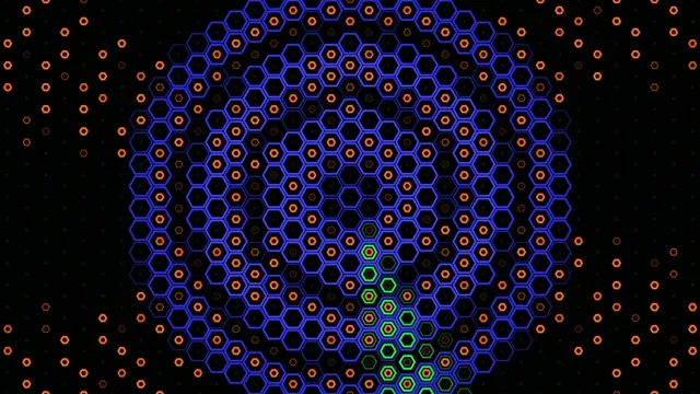 4K animated hexagon grid with neon orange and blue glow effects