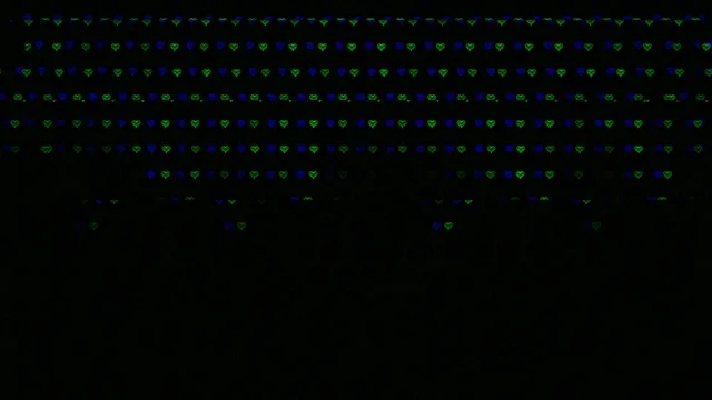 4K animated neon heart rain loop with blue and green pixels