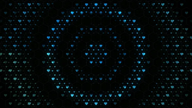 4K flowing blue hearts motion background with hexagon grid pattern