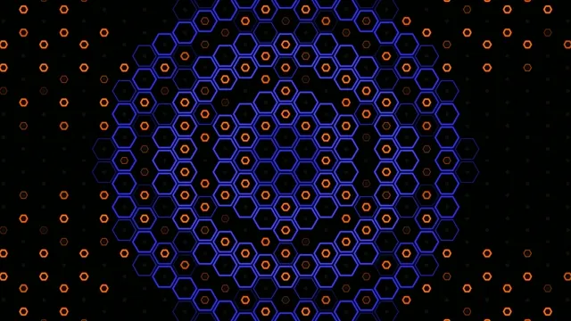 4K futuristic hexagon network motion background with neon blue orange