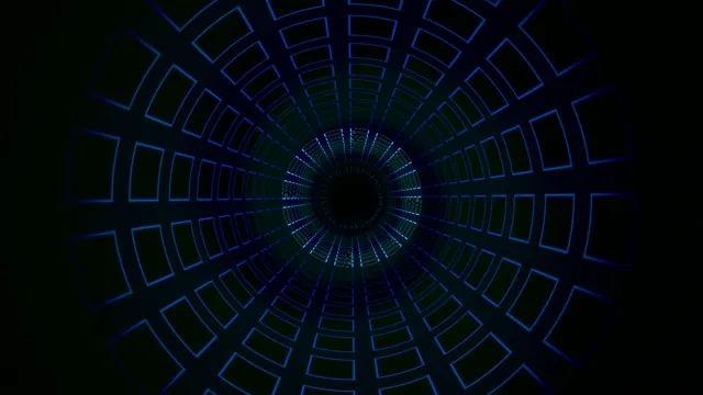 4K futuristic neon tunnel with glowing geometric frames tech background