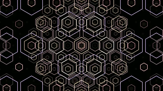 4K geometric hexagon motion background with neon gold lines