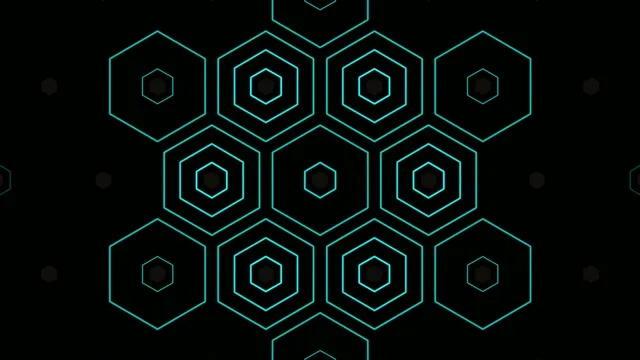 4K neon cyan hexagon geometric animation loop for broadcast and video editing