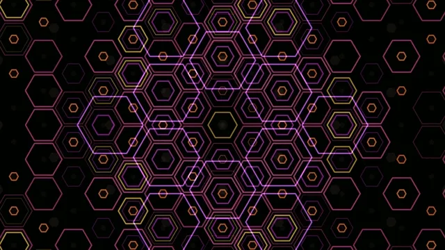 4K neon hexagon geometric motion background with dynamic grid pattern