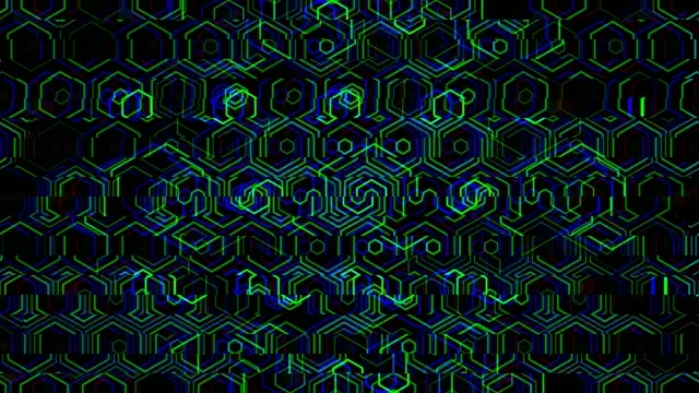 4K neon hexagon grid motion background with cyan and green glow