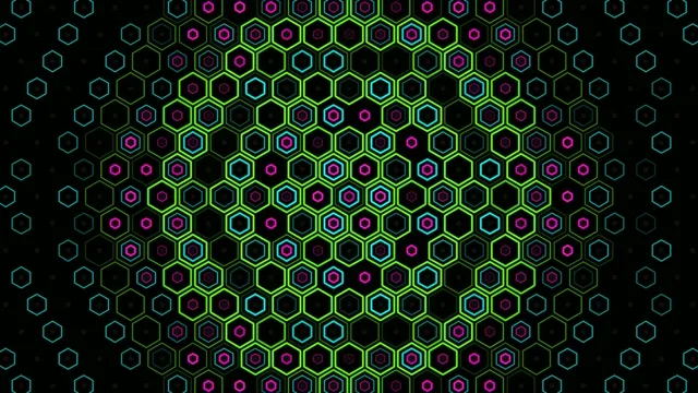 4K neon hexagon grid motion background with cyan and magenta glow