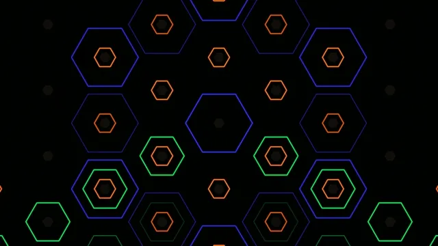 4K neon hexagon grid motion background with dynamic color shifts