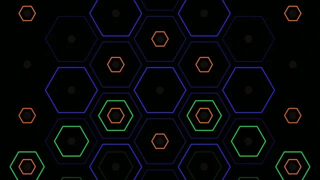 4K neon hexagon grid motion background with dynamic color shifts