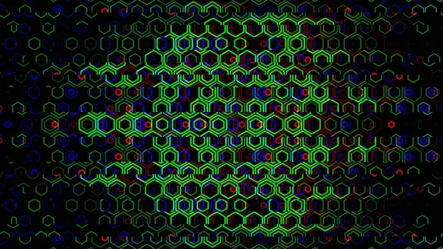 4K neon hexagon grid motion background with dynamic color shifts