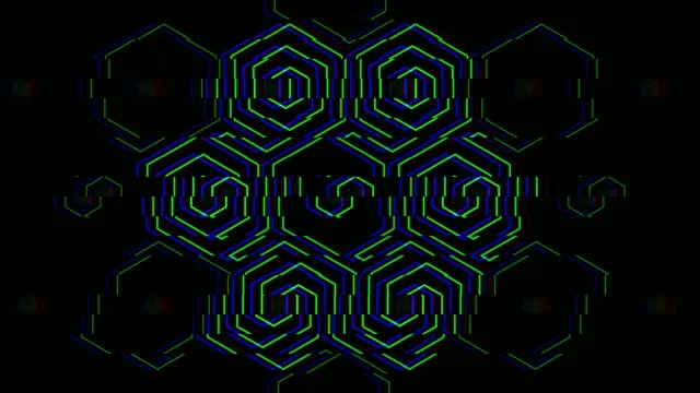 4K neon hexagon grid motion background with glowing blue and green lines