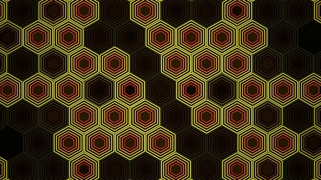 4K neon hexagon grid motion background with yellow and orange glow