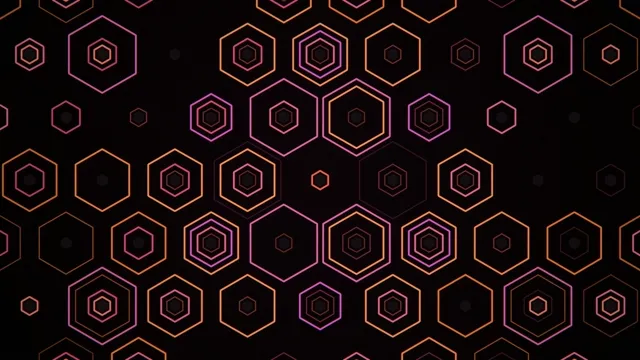 4K neon hexagon motion background loop with pink and orange gradients