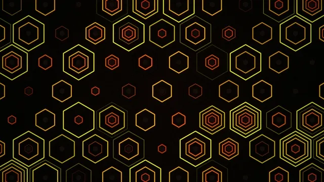 4K neon hexagon motion background with dynamic yellow and orange geometry
