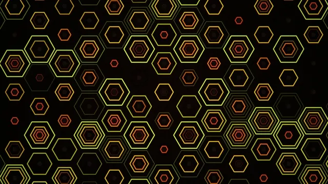 4K neon hexagon motion background with dynamic yellow and orange lines