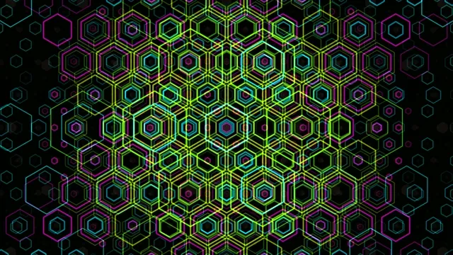 4K neon hexagon motion background with vibrant cyan magenta yellow