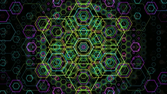 4K neon hexagon motion background with vibrant cyan magenta yellow