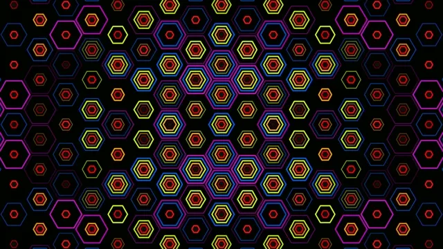 4K neon hexagon pattern loop with vibrant colors and geometric motion