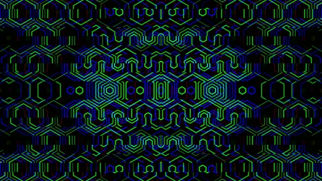4K neon hexagon tech loop with animated blue green lines