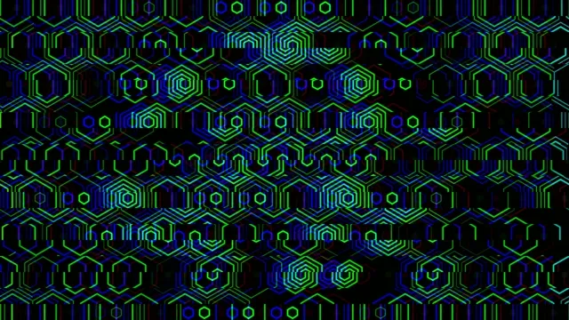 4K neon hexagon tech loop with blue and green digital lines