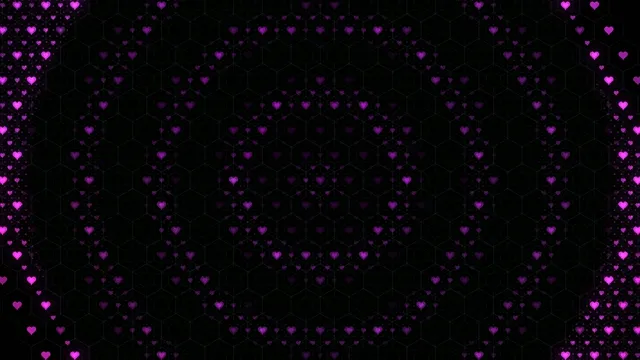 4K neon pink hearts flowing on dark hexagon grid background