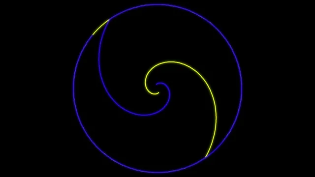 4K neon spiral loop animation with blue and yellow glowing lines