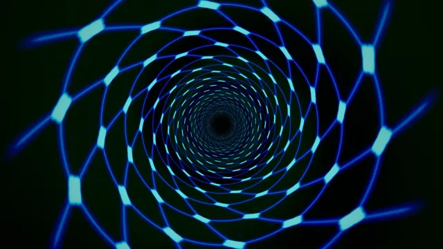 4K neon spiral tunnel motion background with glowing geometric network