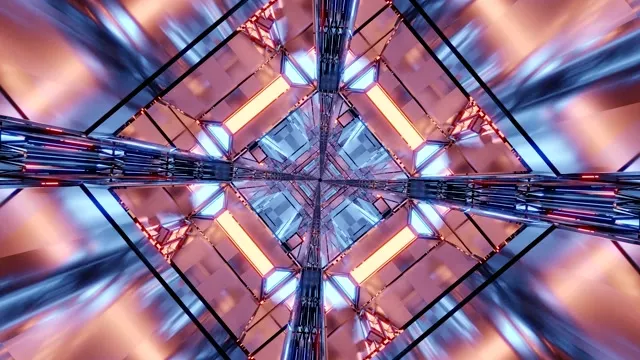 對稱霓虹隧道，粉紅色和紫色閃耀燈光、鏡像幾何圖案和光芒四射的光束，4K 60fps抽象VJ循環視覺背景