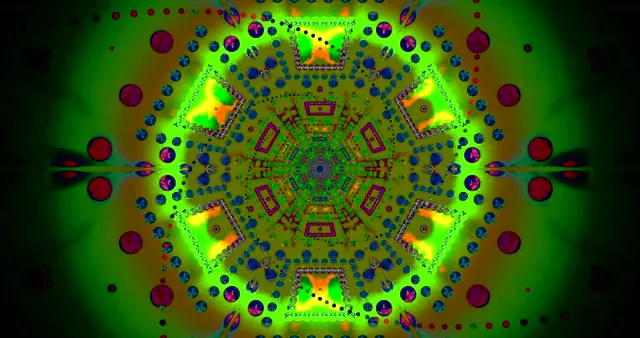 Terowongan simetris neon hijau dan magenta cerah dengan pola geometris bersinar, bola melayang dan efek cahaya berdenyut dalam loop VJ 4K 60fps