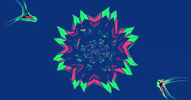 밝은 네온 녹색과 뜨거운 분홍색 별 폭발 패턴, 짙은 파란색 중심에서 방사하는 기하학적 스파이크, 대칭 万화鏡 효과를 가진 추상 4K VJ 루프 생성
