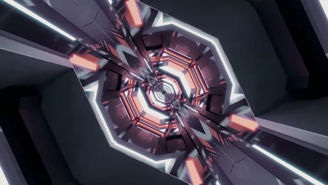 Абстрактен неонов тунел вихър със светещи бели и багреникови краища, геометричен спирален модел в 4K, хипнотичен цикъл на движение