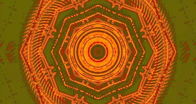 טבעות ניאון כתומות וזהובות קונצנטריות מסתובבות בספירלה פנימה עם דפוסים גיאומטריים על רקע ירוק זית, לולאת VJ מופשטת 4K