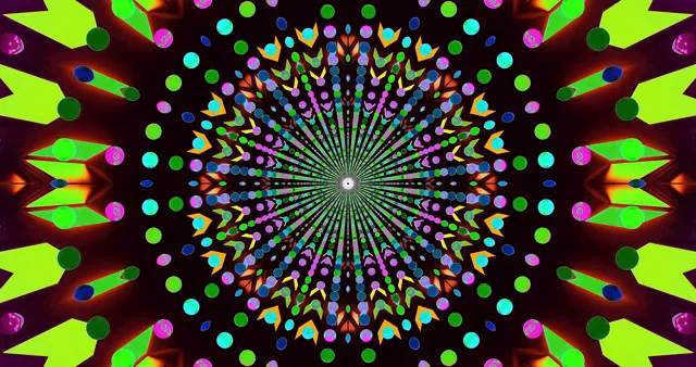 ფერადი რადიალური ნეონის გვირაბი ღია მწვანე, მაჯენტა და ღია ღია გეომეტრიული სხივებით, რომლებიც ცენტრიდან იშლება, VJ ციკლი 4K 60fps