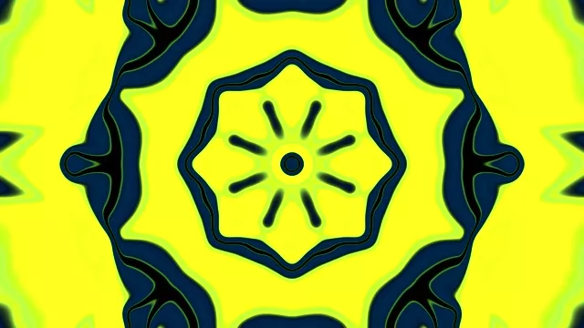 Jasne žltý neonový vírový tunel s tmavomodro-zelenými geometrickými vzormi a žiarou hviezdy v strede - abstraktná 4K VJ slučka