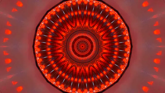 Parlayan kırmızı neon tünel spirali, eşmerkezli daireler ve ışın desenleri ile 4K VJ döngüsü