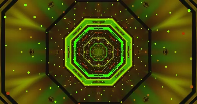 Túnel octogonal neón verde brillante con capas xeométricas concéntricas, tonos dourados e marrón oscuro, fondo VJ loop abstracto movemento