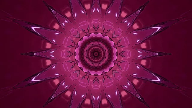 Spīdošs rozā un fuksīns neona spirālveida tunelis kaleidoskops ar asiem kristāla adatām, kuras istarod uz āru, veidojot simetriskus virpuļa modeļus uz dziļi violeta fona. 4K 60fps abstrakta VJ cilpa.