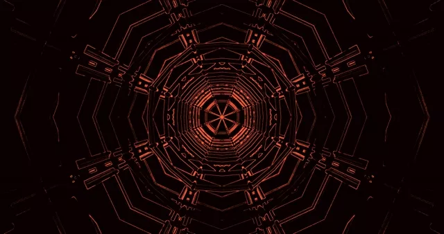 מנהרת ניאון אדומה וכתומה מתפתלת螺旋 לתוך החושך, דפוסים גיאומטריים סימטריים יוצרים אפקט עומק אינסופי בלולאת VJ 4K