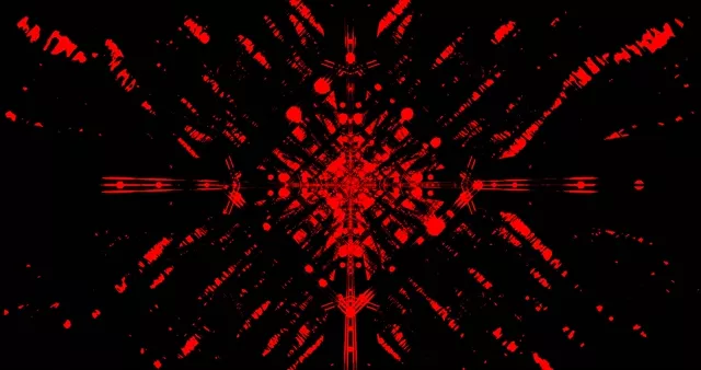 Explosão geométrica neon vermelho irradiando do centro com padrões simétricos, fundo escuro, loop VJ 4K