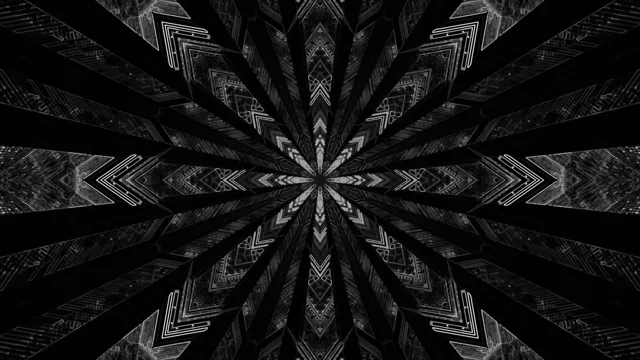 รูปแบบเรขาคณิตกล้องส่องทางไกลสมมาตรสีดำและสีขาวที่ปล่อยออกมาจากจุดศูนย์กลาง มีรูปร่างเชฟรอนที่คมชัดและสามเหลี่ยมที่ซ้อนกันในการสร้างกระจายดาวที่มีเสน่ห์ VJ ลูป 4K