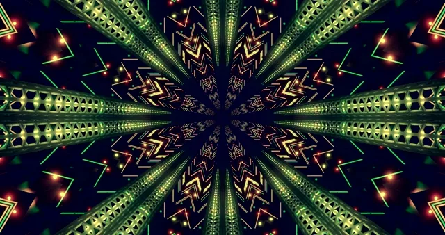 সবুজ এবং সোনালি জিগজ্যাগ প্যাটার্ন সহ সমান্বয় নিয়ন টানেল যা কেন্দ্রে সংযুক্ত হয়, 4K বিমূর্ত VJ লুপ