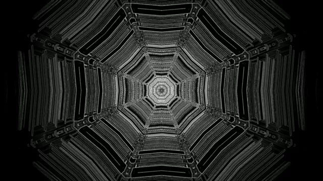Hầm neon bát giác đối xứng với các mẫu sọc xám sẫm và đen hội tụ về tâm, tạo vòng lặp VJ gây mê hoặc ở 4K