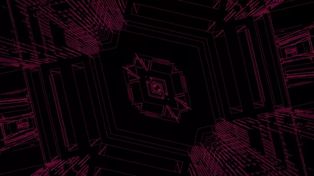 לולאת VJ של תעלת ניאון 4K עם גיאומטריה של מסגרת תיל ורודה וסגולה במערומת לכיוון המרכז האפל